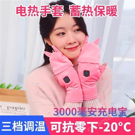 红惟缘厂家直供智能温控电热手套女生加热翻盖手套发热手套冬季保暖