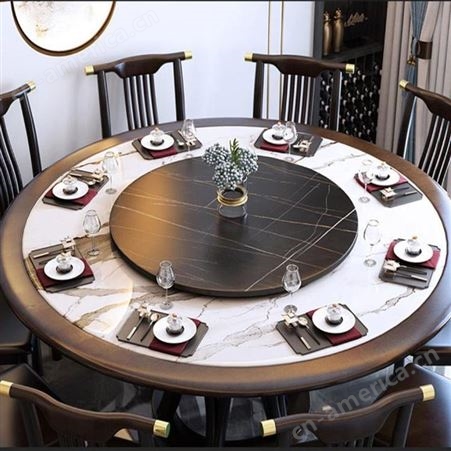 搏德森新中式实木圆餐桌椅大理石转盘餐厅民宿酒店样板间家具定制